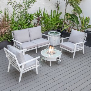 LeisureMod Walbrooke 4-Piece Modern White Patio Conversation Set with Slats Design Square Fire Pit & Tank Holder, Sectional Seat for Outdoor Spaces - 1 of 4