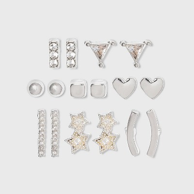 Crystal Star and Heart Stud Earring Set 8pc - A New Day™ Silver