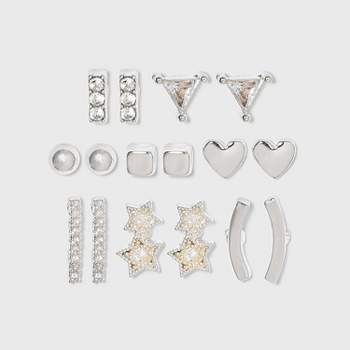 Crystal Star and Heart Stud Earring Set 8pc - A New Day™ Silver