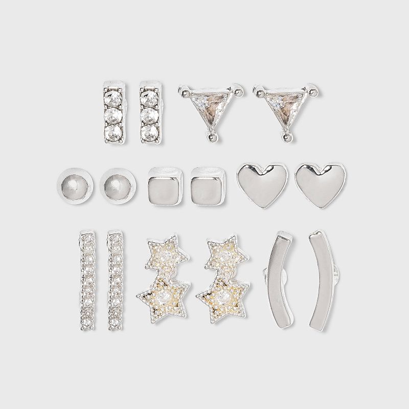 Crystal Star and Heart Stud Earring Set 8pc - A New Day&#8482; Silver, 1 of 5