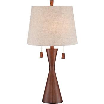360 Lighting Omar Modern Table Lamp 28 3/4" Tall Warm Brown Wood Hourglass Oatmeal Fabric Drum Shade for Bedroom Living Room Bedside Nightstand Office