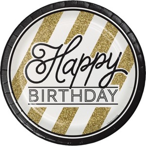 24ct "Happy Birthday" Paper Plates Black/Gold - 1 of 3