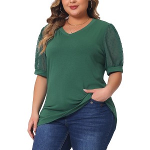 Agnes Orinda Women's Plus Size V Neck Swiss Dots Puff Sleeve Loose Casual Dressy Blouses - 1 of 4