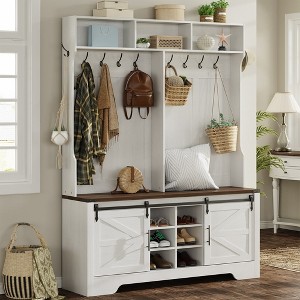 Farmhouse Sliding Barn Door Entryway Furniture with Bench and Shoe Storage and Coat Rack - 1 of 4
