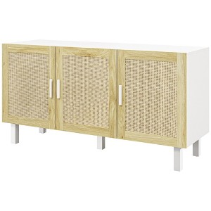 Yukimo Modern Kitchen Island, White and Natural Finish with 3 Woven Rattan Doors and Adjustable Shelves, Suitable for Dining and Kitchen Use - 1 of 4