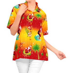 HAPPY BAY Women's Christmas Tree Vacation Holiday Party Beach Hawaiian Santa Claus Short Sleeve Blouse Gifts Shirt for Women - 1 of 4