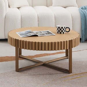 Round Coffee Table For Living Room, 31.5" Drum Coffee Table With Stainless Steels Pedestal Base, Farmhouse Handcrafted Circle Coffee Table - 1 of 4