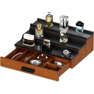 3-Tier Cologne Organizer for Men, Wooden Perfume Organizer with Drawer and Hidden Compartment, Perfume Holder Risers Display Stands£¬Black - 1 of 4