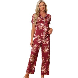 cheibear Women's Silky Short Sleeves Sleepshirt with Pants Sleepwear Pajama Set 2 Pcs - 1 of 4