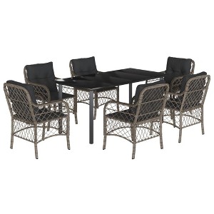 vidaXL 7 Piece Patio Dining Set - Gray Poly Rattan Outdoor Table and Chairs with Cushions, Tempered Glass Top for Garden, Backyard, Patio - 1 of 4