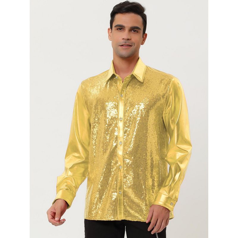 Lars Amadeus Men's Shiny Sequins Slim Fit Long Sleeves Button Down Disco Party Shirt, 3 of 7