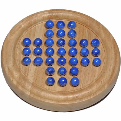 WE Games Solid Wood Solitaire with Blue Glass Marbles - 9 in. Diameter