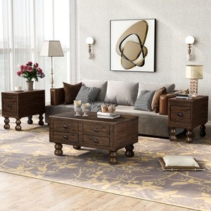 ORRD 3-Piece Coffee Table Set with Drawers, Rectangular Living Room Table Set with Rivet Legs, 1 Coffee Table & 2 End Tables, Espresso - 1 of 4