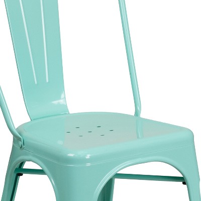 Mint Green Metal Armless Stacking Dining Chair with Slat Back