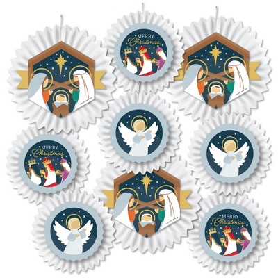 Big Dot of Happiness Holy Nativity - Hanging Manger Scene Religious Christmas Tissue Decoration Kit - Paper Fans - Set of 9