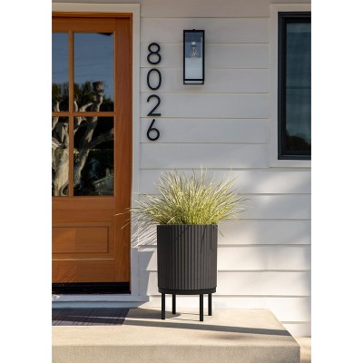 Black Fluted Concrete-Composite Planter with Acacia Wood Stand