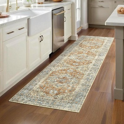 Vintage Medallion Runner Rug: Machine Washable, Non-Slip, Low-Pile Indoor Carpet for Kitchen, Hallway, Laundry