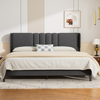 COMHOMA King Bed Frame, Upholstered Platform Bed with Headboard Wingback, Soft Line Fabric, No Box Spring Needed, Gray