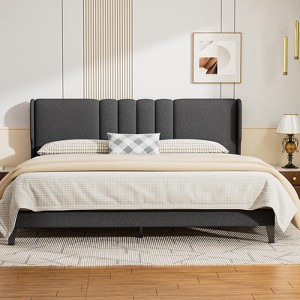 COMHOMA King Bed Frame, Upholstered Platform Bed with Headboard Wingback, Soft Line Fabric, No Box Spring Needed, Gray - 1 of 4
