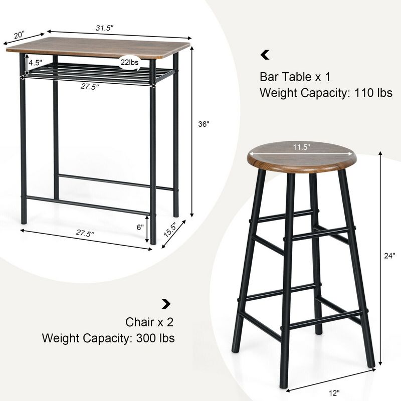 Costway 3 Pieces Bar Table Set Counter Height Dining Pub Table w/ 2 Stools, 2 of 11
