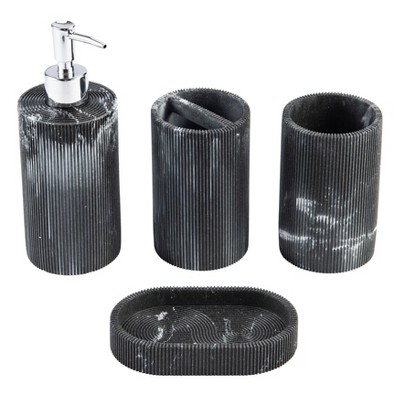 4pc Marble Resin marble effect Bath Accessory Set Black - KRALIX: Includes Dispenser, Tumbler, Dish, Holder