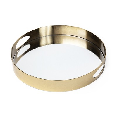 HomeRoots 15" Gold And Mirrored Glass Round Metal Tray With Handles