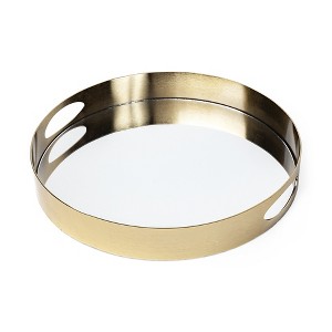 HomeRoots 15" Gold And Mirrored Glass Round Metal Tray With Handles - 1 of 4