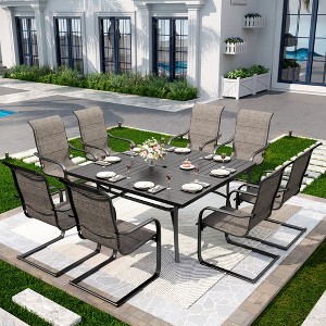 Captiva Designs 9pc Spacious Slat-top Square Metal Table with Umbrella Hole & C-spring Sling Chairs - 1 of 4