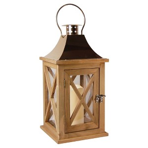 LumaBase Wooden Lantern with Battery Operated Candle - Natural with Copper Roof - 1 of 4