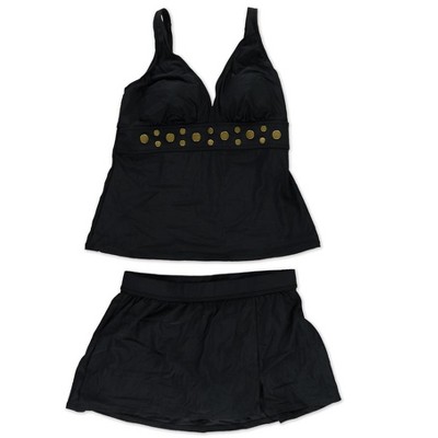 I.N.C International Concepts Womens Studded Ruched Skirtini 2 Piece Tankini, Black, 8