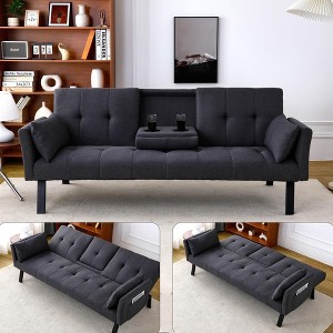 QingMoon 70" Convertible Sofa Bed, Foldable 2-Seater Futon Couch, with 2 Cup Holders, 2 Pillow and Side Storage for Living Room, Apartment - 1 of 4