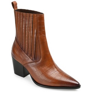 Journee Signature Womens Genuine Leather Markka Pointed Toe Stacked Chelsea Booties - 1 of 4
