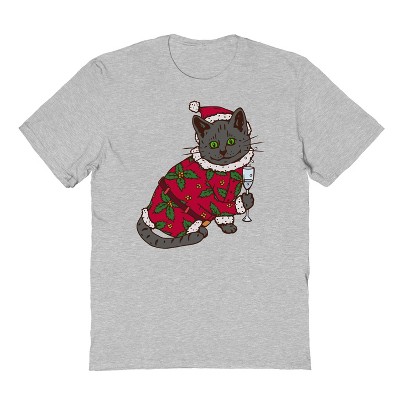 Rerun Island Men's Grey Cat Drinking Champagne Short Sleeve Graphic Cotton T-Shirt