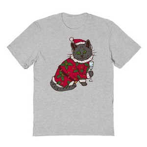 Rerun Island Men's Grey Cat Drinking Champagne Short Sleeve Graphic Cotton T-Shirt - 1 of 1