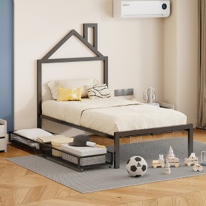 Full/Twin Size Metal Platform Bed Frame with Trundle Bed/ Drawers, House-Shaped Headboard Design 4S -ModernLuxe - 1 of 4