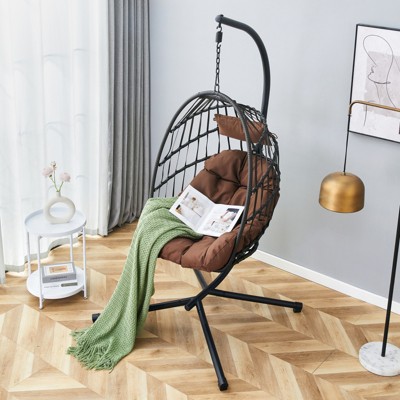 VisioGear Egg Chairs, Patio Egg Chair with Stand, Patio Foldable Egg Chair for Bedroom Living Room Balcony, Black & Brown, 37"*36.61"*78.74"