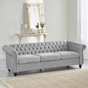 84.75" Velvet Tufted Chesterfield 3-Seater Sofa with Low-Profile Design, Turned Legs and Diamond Stitching - 1 of 4