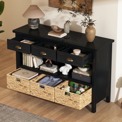 Kumasinova 47" Vintage Console Table with Storage Shelf,Entryway Table with Drawers&Water Hyacinth Woven Baskets,Wood Sofa Table for Hallway&Entryway