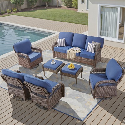 Buenhomino 7pcs Outdoor Patio Wicker Conversation Set with 5-inch Cushion Wicker Sofa Swivel Chairs for Garden Poolside Backyard