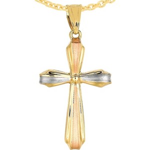 14k Yellow Gold 1" Fluted Tri-Color Cross Charm Pendant with optional Adjustable Chain Necklace - 1 of 4