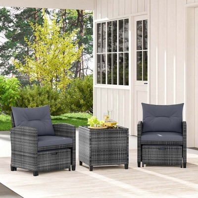 Gray PE Rattan 5-Piece Patio Furniture Set with Cushions and Tempered Glass Table