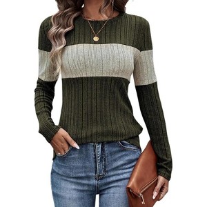 Women's Cozy Textured Sweaters 2025 Fall Fashion Knit Striped Long Sleeve Crew Neck Color Block Tunic Tops - 1 of 4