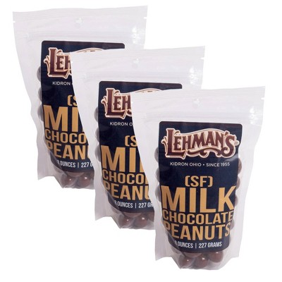 Lehman's Sugar Free Chocolate Covered Peanuts, Double Dipped Milk Chocolate Coated Nuts, 3 Pack of 8 oz Resealable Bags