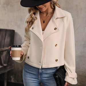 Women's Long Sleeve Short Jacket Notch Lapel Fall Winter Coat with Open Front Button - 1 of 4