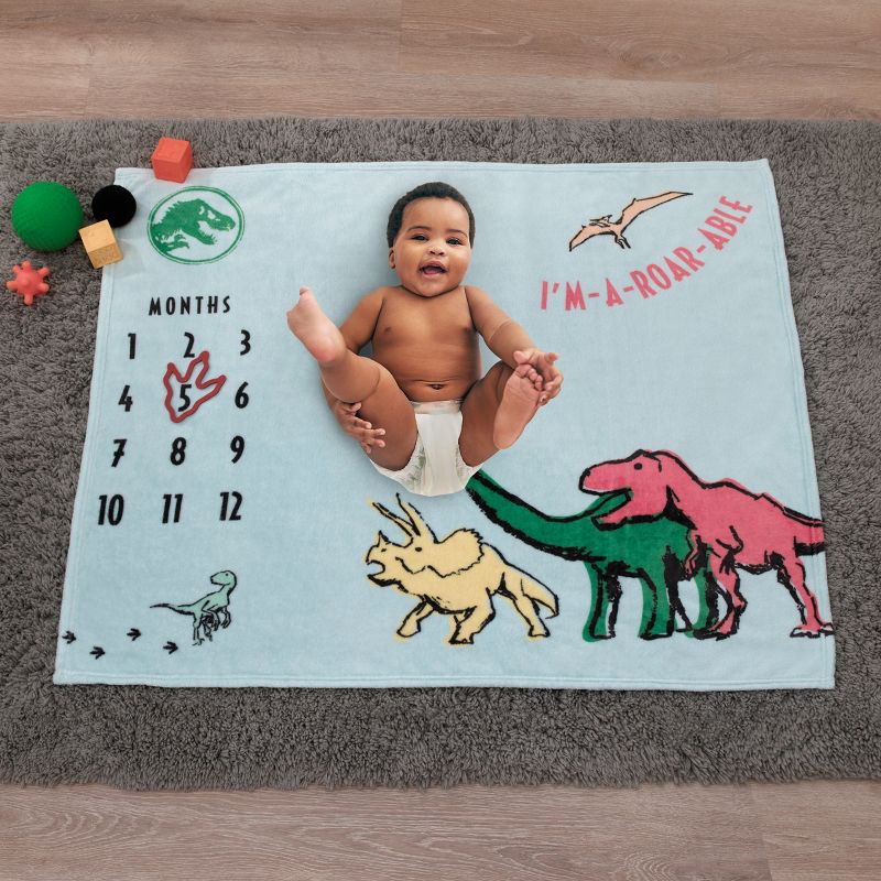 Welcome to the Universe Baby Jurassic World Blue, Green, Orange and Yellow I'm-a-Roar-able Dinosaur Super Soft Milestone Baby Blanket, 5 of 7