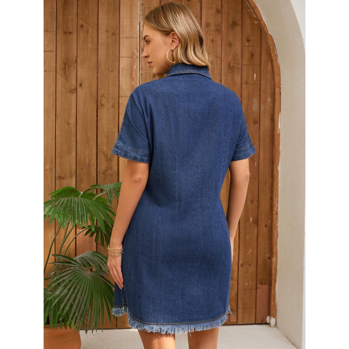 Женские платья INSPIRE CHIC Women's Denim Button Front Frayed Hem Collared Short Sleeve Jean Shirt Dress 2 Packs Dark Blue/Black X-Large — фото 4