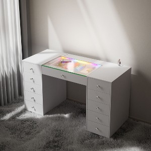 Racxily 51.2" Vanity Desk with RGB LED Light Strip, Modern Glass Top Makeup Vanity with 11 Drawers, Large Dressing Table for Bedroom - 1 of 4