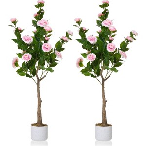 Artificial Camellia Tree 2 Pack,Realistic Camellia Plants in Pot with Flowers Fake Artificial Tree for Indoor and Outdoor,Wedding Decoration,Pink - 1 of 4