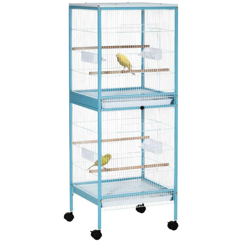 PawHut 55" 2 In 1 Bird Cage Aviary Parakeet House for finches, budgies with Wheels, Slide-out Trays, Wood Perch, Food Containers, 1 of 7