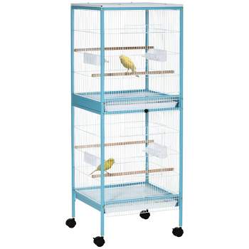 PawHut 55" 2 In 1 Bird Cage Aviary Parakeet House for finches, budgies with Wheels, Slide-out Trays, Wood Perch, Food Containers